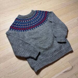 Handmade Cecile Routhier Wool Fair Isle Sweater Womens Gray Nordic Knit Pullover